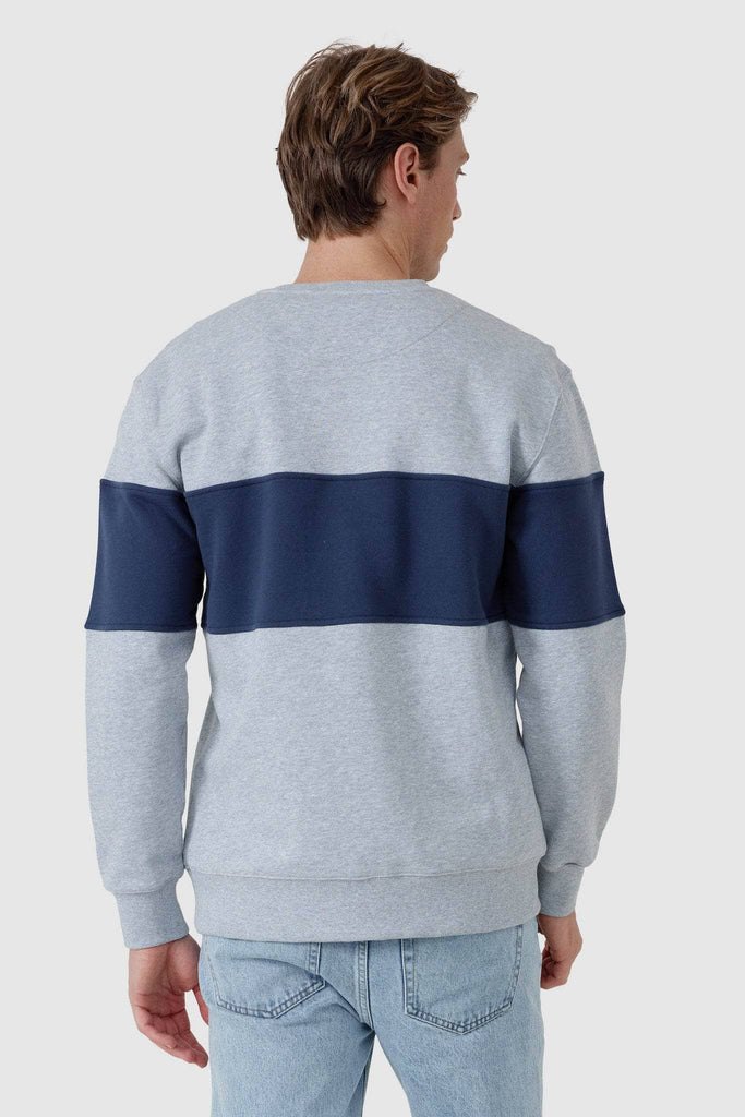 Back of grey crew neck jumper with navy middle panel