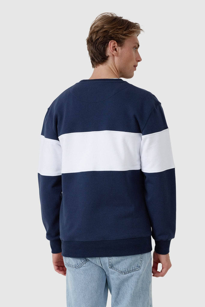 Back of navy crew neck sweater with white middle panel