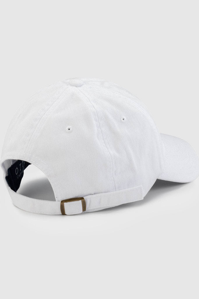 Back of white baseball cap