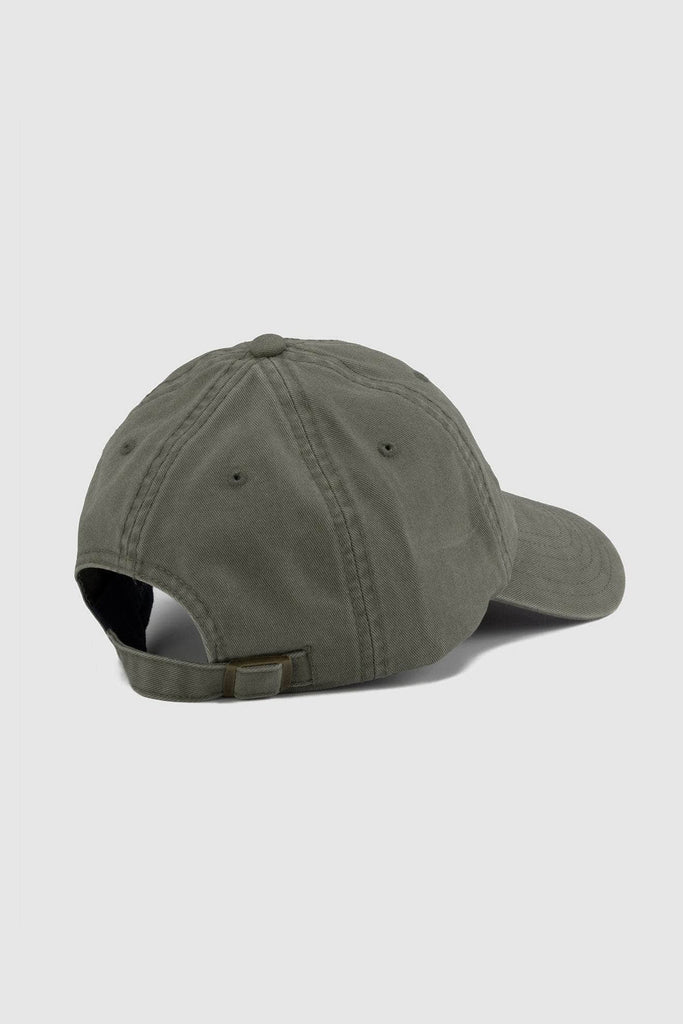 Back of olive green baseball cap