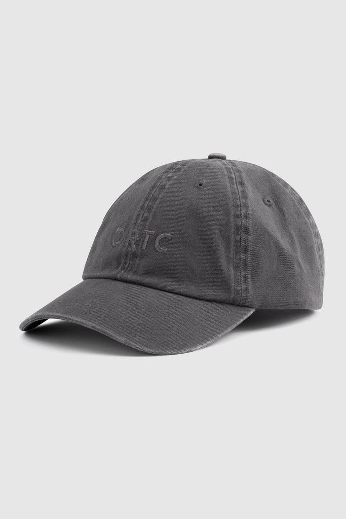 Front of a charcoal baseball cap with embroidered ortc logo