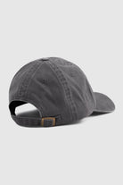 Back of a charcoal baseball cap with adjustable strap.