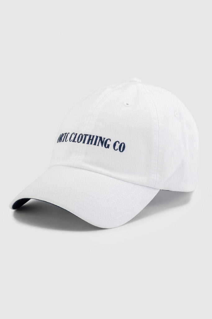 White baseball cap with navy embroidered ORTC CLOTHING CO