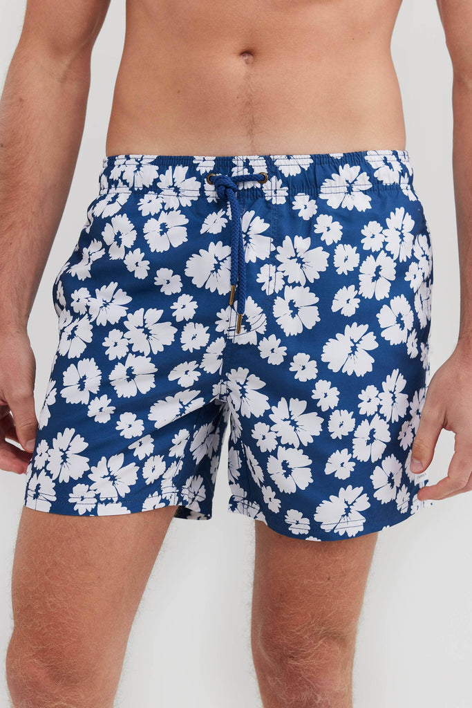 Men's board shorts.Blue with white flowers